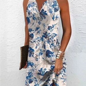 Floral Blue and White Halter Dress